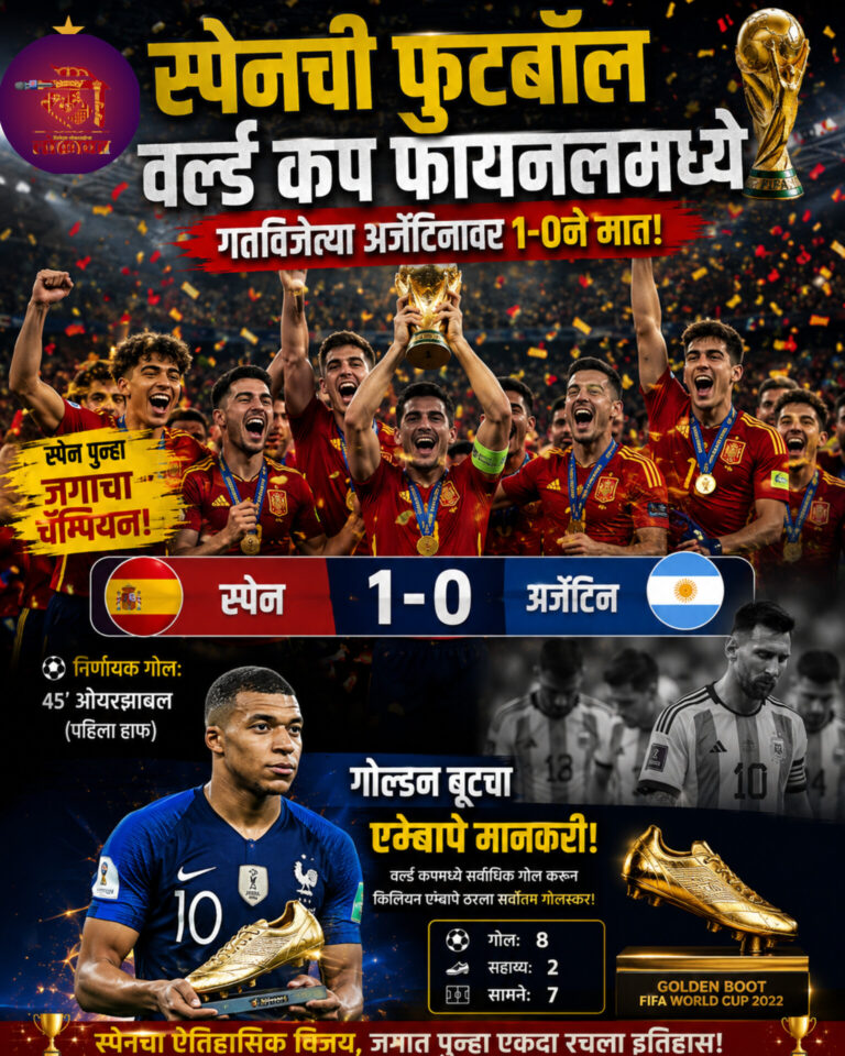 स्पेनची फुटबॉल वर्ल्ड कप फायनलमध्ये गतविजेत्या अर्जेंटिनावर 1-0ने मात, गोल्डन बूटचा एम्बापे मानकरी