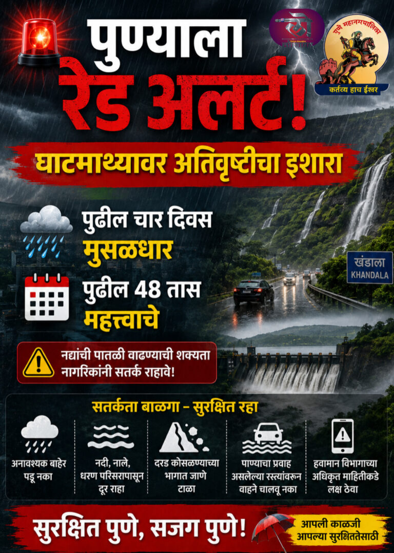 पुण्याला रेड अलर्ट, घाटमाथ्यावर अतिवृष्टीचा इशारा; पुढील चार दिवस मुसळधार, पुढील 48 तास महत्त्वाचे