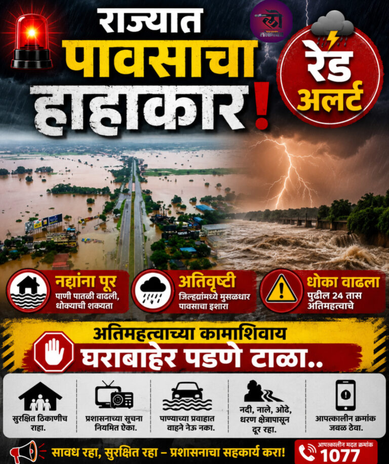 राज्यात पावसाचा हाहाकार! रेड अलर्ट, नद्यांना पूर, अतिमहत्वाच्या कामाशिवाय घराबाहेर पडणे टाळा…