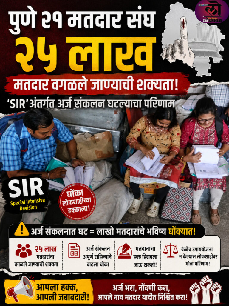 पुणे २१ मतदार संघ २५ लाख मतदार वगळले जाण्याची शक्यता! SIR संकलन हडपसर खडकवासल कोथरूड सर्वाधिक परिणाम