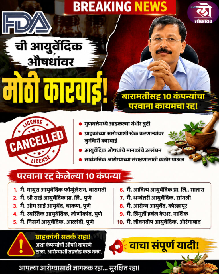 FDAची आयुर्वेदिक औषधांवर मोठी कारवाई; बारामतीसह 10 कंपन्यांचा परवाना कायमचा रद्द
