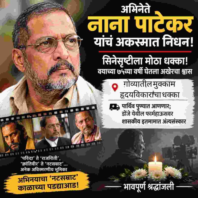 अभिनेते नाना पाटेकर यांचं अकस्मात निधन; सिनेसृसृष्टीला मोठा धक्का! पुण्यात राहत्या घरी शासकीय इतमानात अंत्यसंस्कार